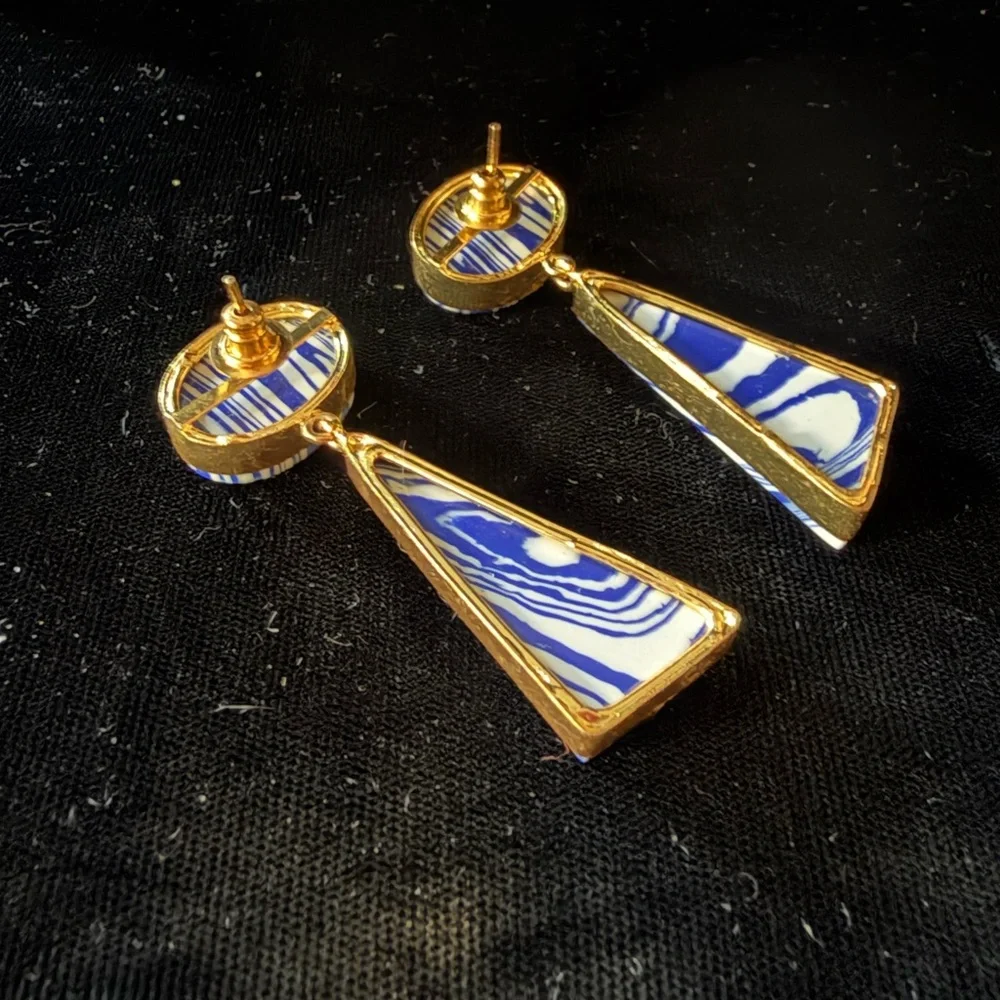 Blue and White Patterned Triangle Gold Border Dangling Statement Post Earrings - Picture 15 of 16
